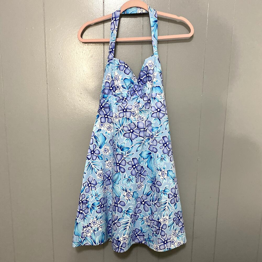 Vintage City Triangles Blue Floral Hawaiian Y2K 90s Coconut Girl Halter Dress 10